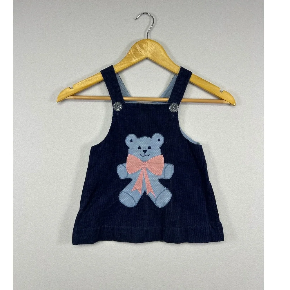 Vintage Humpty Dumpty Duds Baby Navy Corduroy‎ Teddy Bear Jumper Dress 12-18M